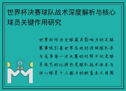 世界杯决赛球队战术深度解析与核心球员关键作用研究