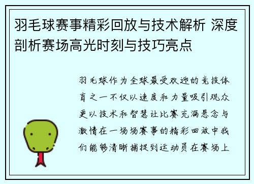 羽毛球赛事精彩回放与技术解析 深度剖析赛场高光时刻与技巧亮点